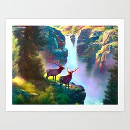 Deer in the Waterfall Art Print