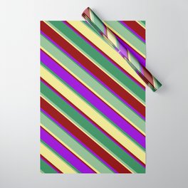 [ Thumbnail: Eye-catching Sea Green, Dark Sea Green, Tan, Dark Red, and Dark Violet Colored Stripes/Lines Pattern Wrapping Paper ]