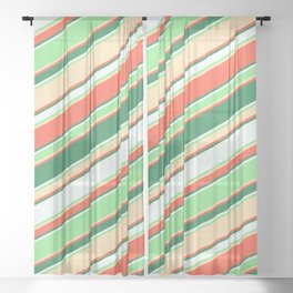 [ Thumbnail: Colorful Red, Sea Green, Mint Cream, Light Green & Beige Colored Lined/Striped Pattern Sheer Curtain ]