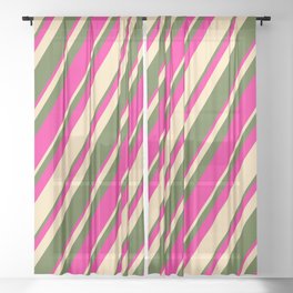 [ Thumbnail: Dark Olive Green, Deep Pink, and Beige Colored Stripes/Lines Pattern Sheer Curtain ]