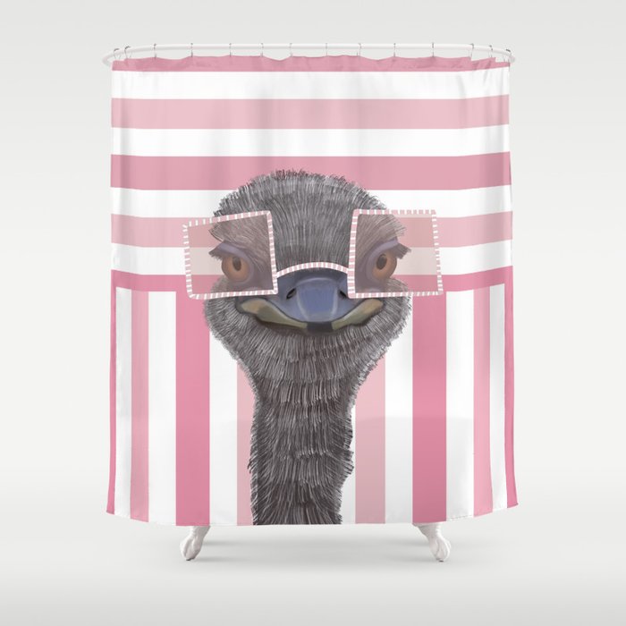 Funny Ostrich with Pink Glasses on Stripe Pattern Shower Curtain