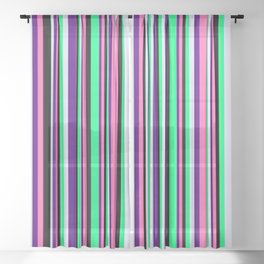 [ Thumbnail: Eye-catching Green, Lavender, Indigo, Hot Pink & Black Colored Lines/Stripes Pattern Sheer Curtain ]