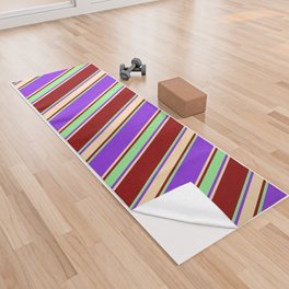 [ Thumbnail: Purple, Light Green, Dark Red & Tan Colored Stripes/Lines Pattern Yoga Towel ]