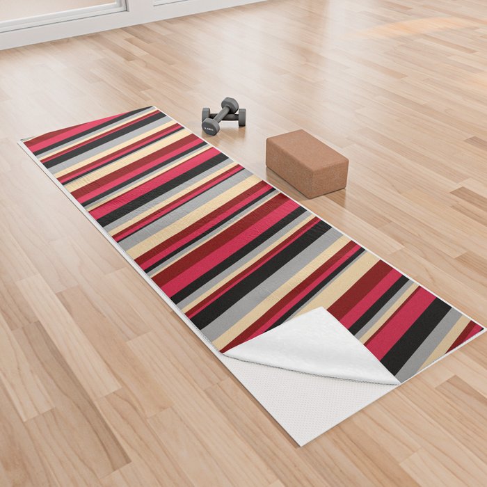 Eye-catching Crimson, Maroon, Tan, Dark Gray, and Black Colored Lines/Stripes Pattern Yoga Towel