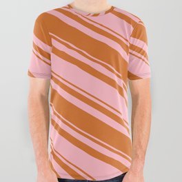 [ Thumbnail: Light Pink & Chocolate Colored Striped Pattern All Over Graphic Tee ]
