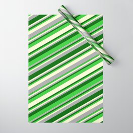 [ Thumbnail: Dark Gray, Dark Green, Lime Green & Light Yellow Colored Stripes/Lines Pattern Wrapping Paper ]