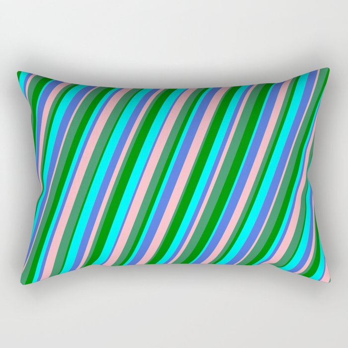 Eye-catching Cyan, Royal Blue, Light Pink, Sea Green & Green Colored Striped Pattern Rectangular Pillow