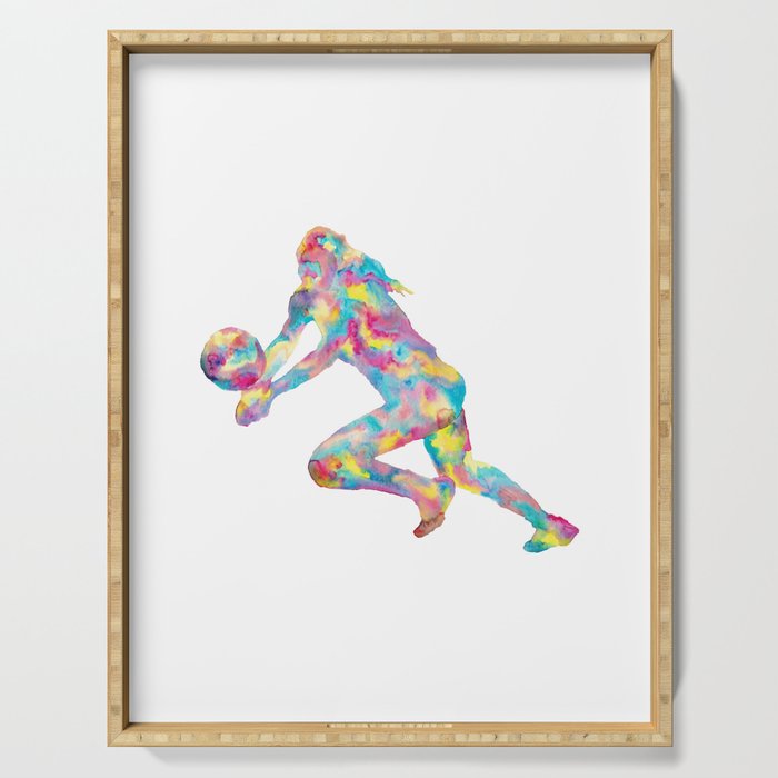 Girl volleyball players art game play sport print watercolor Serving Tray