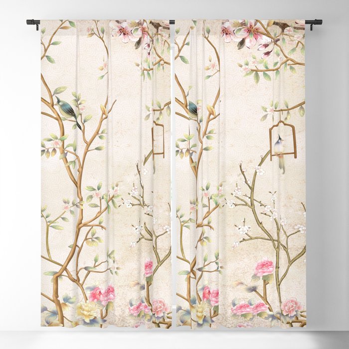 Chinoiserie Cherry Blossom Bird Garden Fresco Blackout Curtain