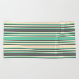 [ Thumbnail: Aquamarine, Dim Gray, and Bisque Colored Lines/Stripes Pattern Beach Towel ]
