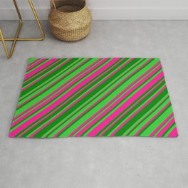 [ Thumbnail: Deep Pink, Green & Lime Green Colored Lines Pattern Rug ]