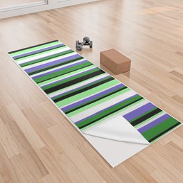 [ Thumbnail: Colorful Forest Green, Slate Blue, White, Green, and Black Colored Stripes Pattern Yoga Towel ]