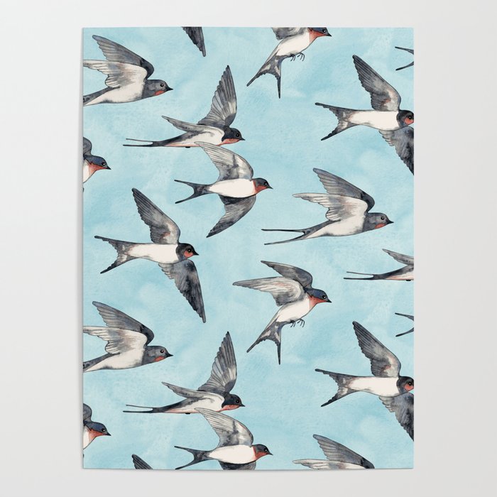 Blue Sky Swallow Flight Poster