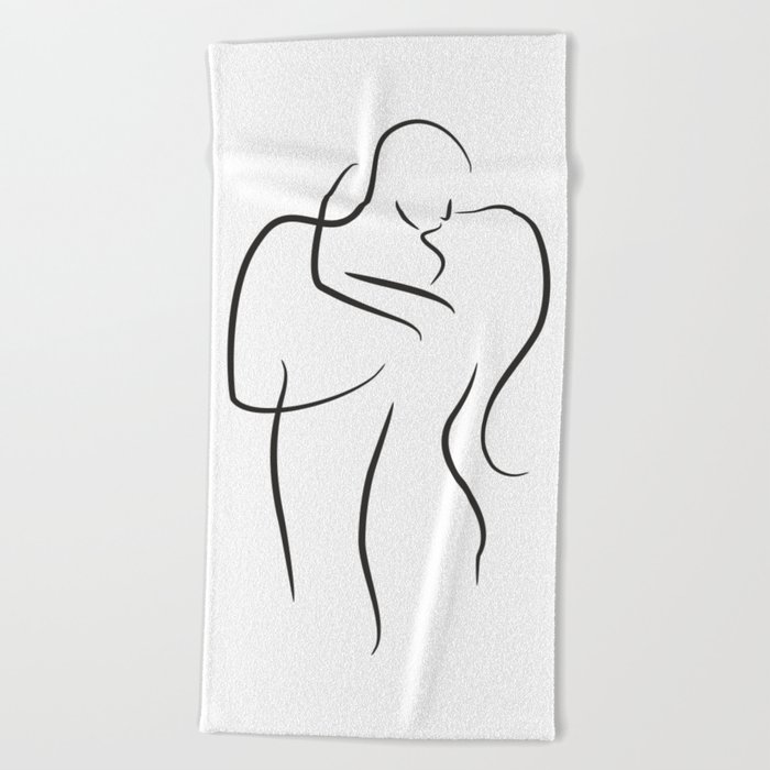 Abstract Kiss Sketch Minimalist Lovers Line Art Beach Towel By
