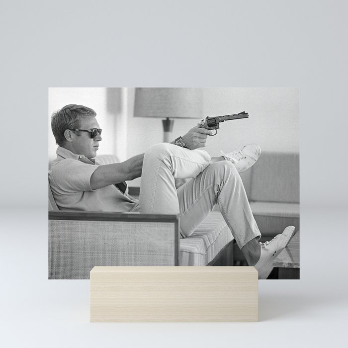 Steve McQueen, Gun, Sunglasses, Retro, Black and White, Photograph Mini Art Print