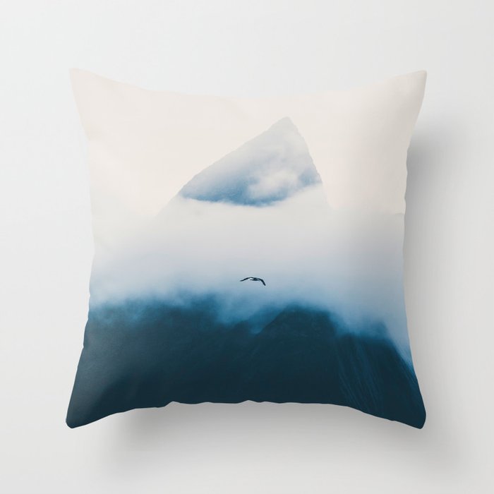 Misty Mountain Peak Blue Hues Minimalist Modern Photo Single Bird Throw Pillow