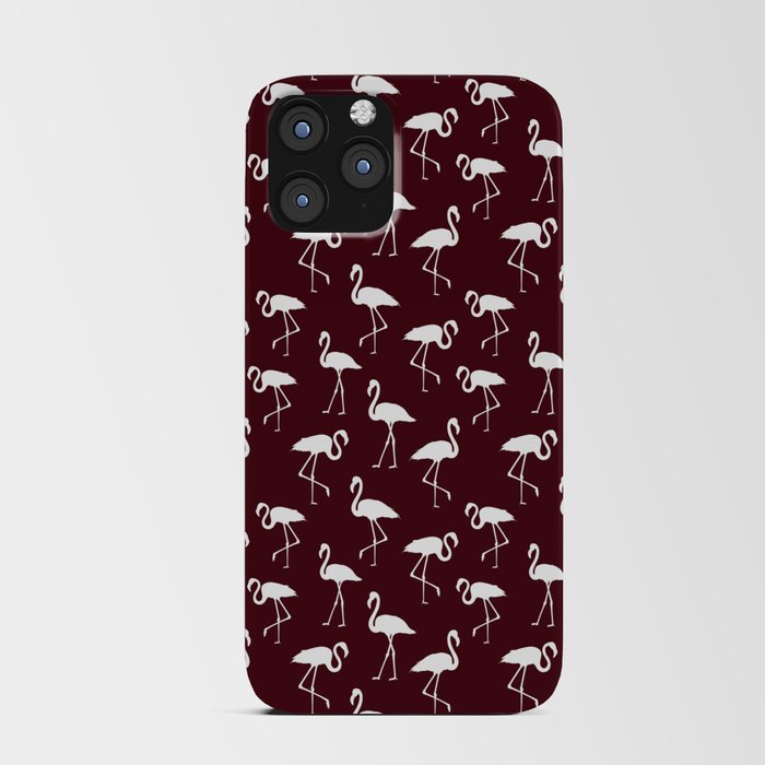 White flamingo silhouettes seamless pattern on maroon background iPhone Card Case