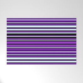 [ Thumbnail: Dark Orchid, Indigo, Light Cyan, and Black Colored Striped/Lined Pattern Welcome Mat ]