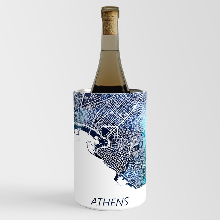 Athens Greece Map Navy Blue Turquoise Watercolor Wine Chiller