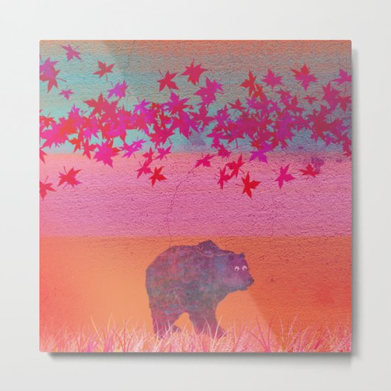 Little bear in the colorful field, leaf, colors, pink, blue, field, grass, bear Metal Print