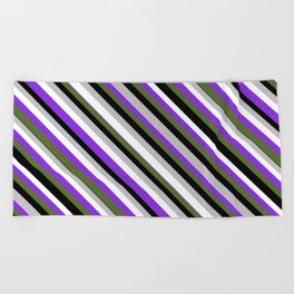 [ Thumbnail: Eye-catching Grey, White, Purple, Dark Olive Green, and Black Colored Lined/Striped Pattern Beach Towel ]