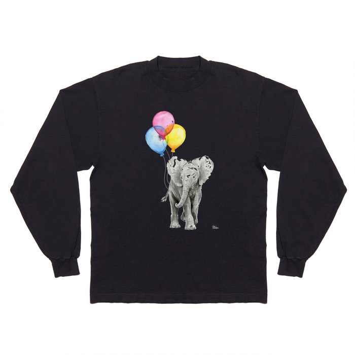 Baby Elephant with Balloons Nursery Animals Prints Whimsical Animal Long Sleeve T Shirt