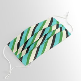 [ Thumbnail: Turquoise, Forest Green, Beige, and Black Colored Lines/Stripes Pattern Face Mask ]