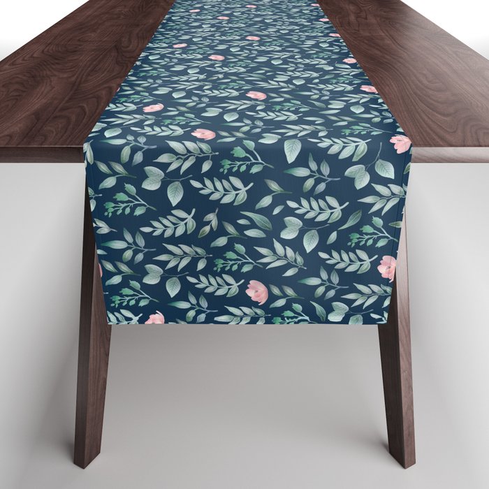 Watercolor small pink flowers and leaves - dark background Table Runner