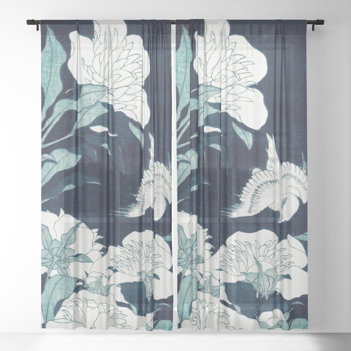 Japanese Flowers Midnight Blue Teal Sheer Curtain By Purelove - 