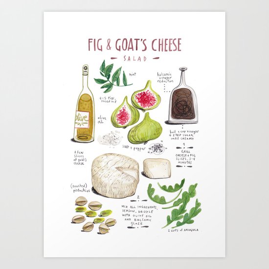 illustrated recipes: fig and goat's cheese salad Art Print