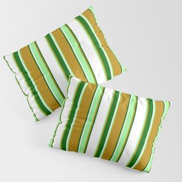 [ Thumbnail: Dark Goldenrod, Green, White & Dark Green Colored Striped Pattern Pillow Sham ]