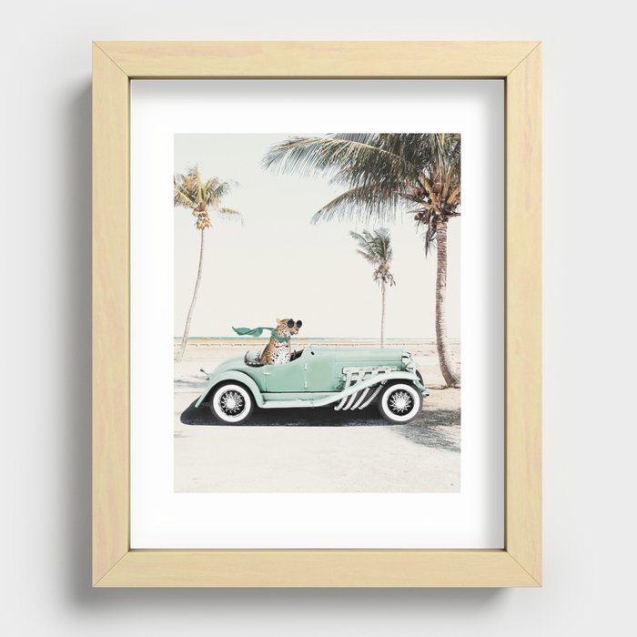 Leopard in retro car with scarf and sunglasses Recessed Framed Print