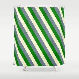 [ Thumbnail: Light Yellow, Slate Gray, and Green Colored Lined Pattern Shower Curtain ]