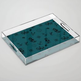 Teal Blue And Black Silhouettes Of Vintage Nautical Pattern Acrylic Tray