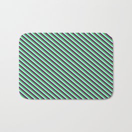 [ Thumbnail: Sienna, Green, Beige & Midnight Blue Colored Striped Pattern Bath Mat ]
