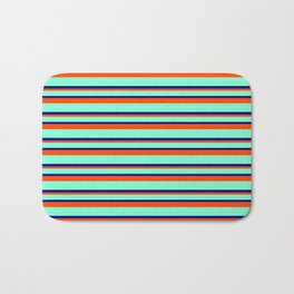 [ Thumbnail: Aquamarine, Blue & Red Colored Striped/Lined Pattern Bath Mat ]
