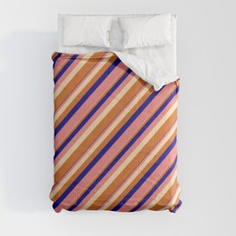 [ Thumbnail: Blue, Light Coral, Tan & Chocolate Colored Lined/Striped Pattern Comforter ]