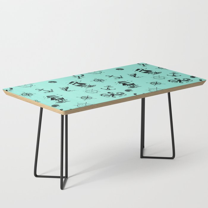 Mint Blue And Black Silhouettes Of Vintage Nautical Pattern Coffee Table