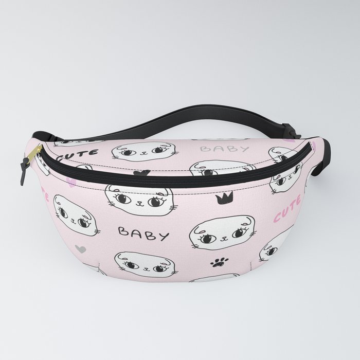 Cute pastel pink pattern with hearts paws crown cats text. Pets seamless background. Textiles Fanny Pack