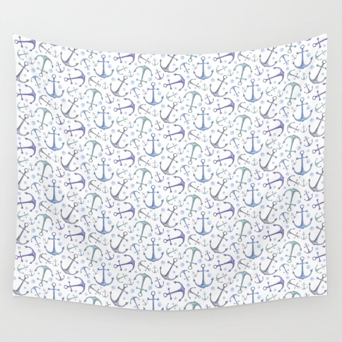 Watercolor Blue Anchor Pattern Nursery Sea Decor Baby Boy Water