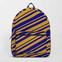[ Thumbnail: Goldenrod & Dark Blue Colored Lined/Striped Pattern Backpack ]