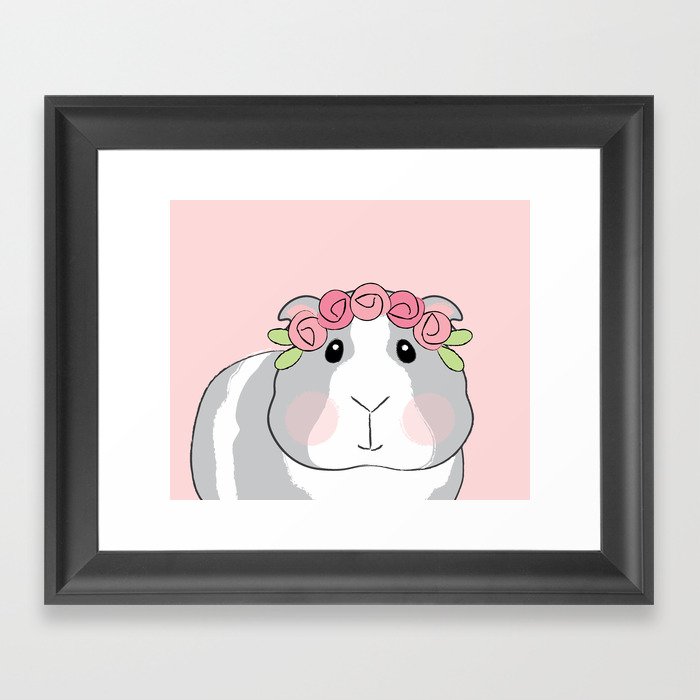 Adorable Grey Guinea Pig with Pink Rosebuds Framed Art Print
