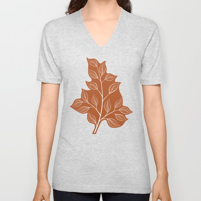 Delicate White Leaves and Branch on a Rust Orange Background V Neck T Shirt
