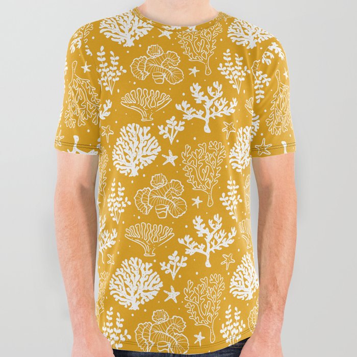 Mustard And White Coral Silhouette Pattern All Over Graphic Tee