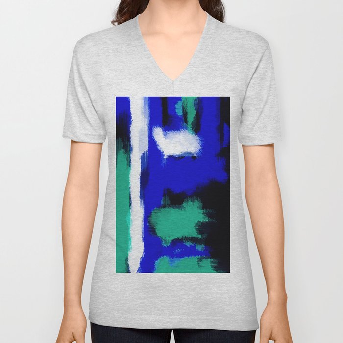 blue green and white painting texture with black background V Neck T Shirt
