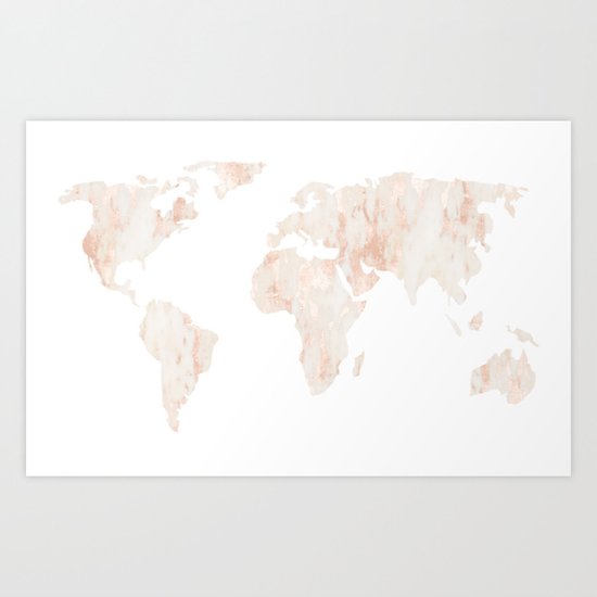 Marble World Map Light Pink Rose Gold Shimmer Art Print