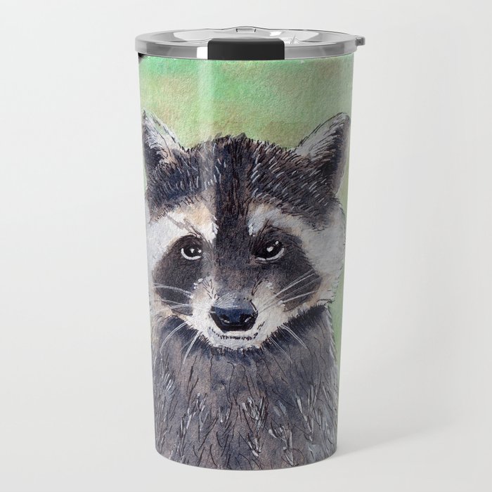 Raccoon Portrait Watercolor Black Background Travel Mug