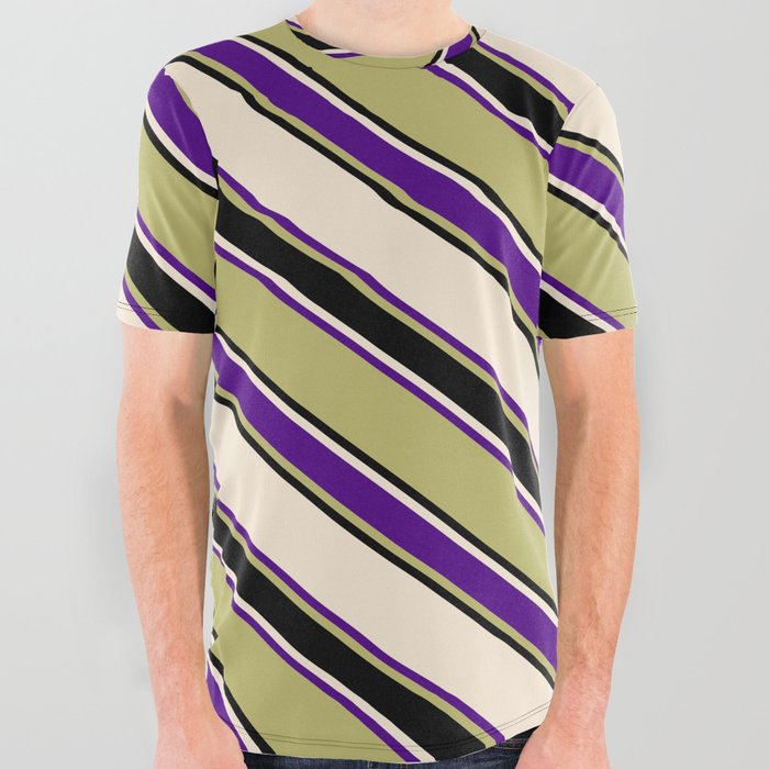 Beige, Indigo, Dark Khaki, and Black Colored Striped/Lined Pattern All Over Graphic Tee