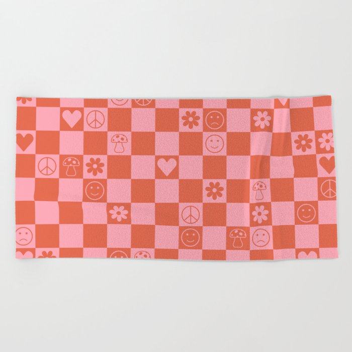 Happy Checkered pattern pink Beach Towel