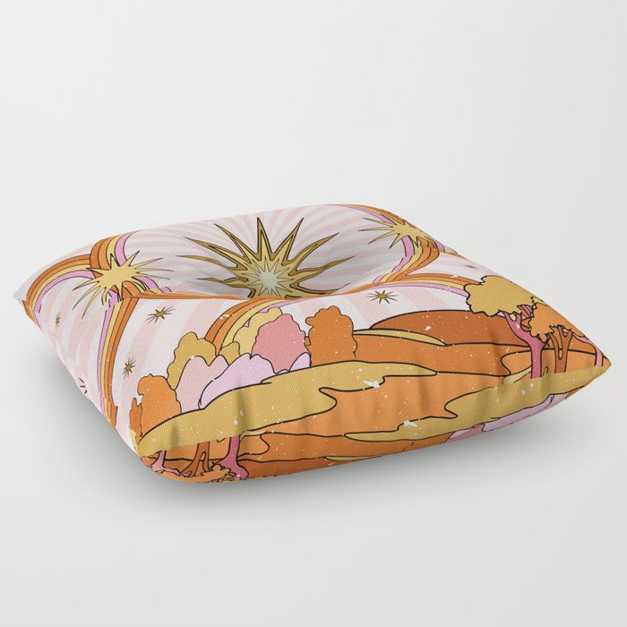 Hippie pink rainbow and sun, abstract landscape Floor Pillow